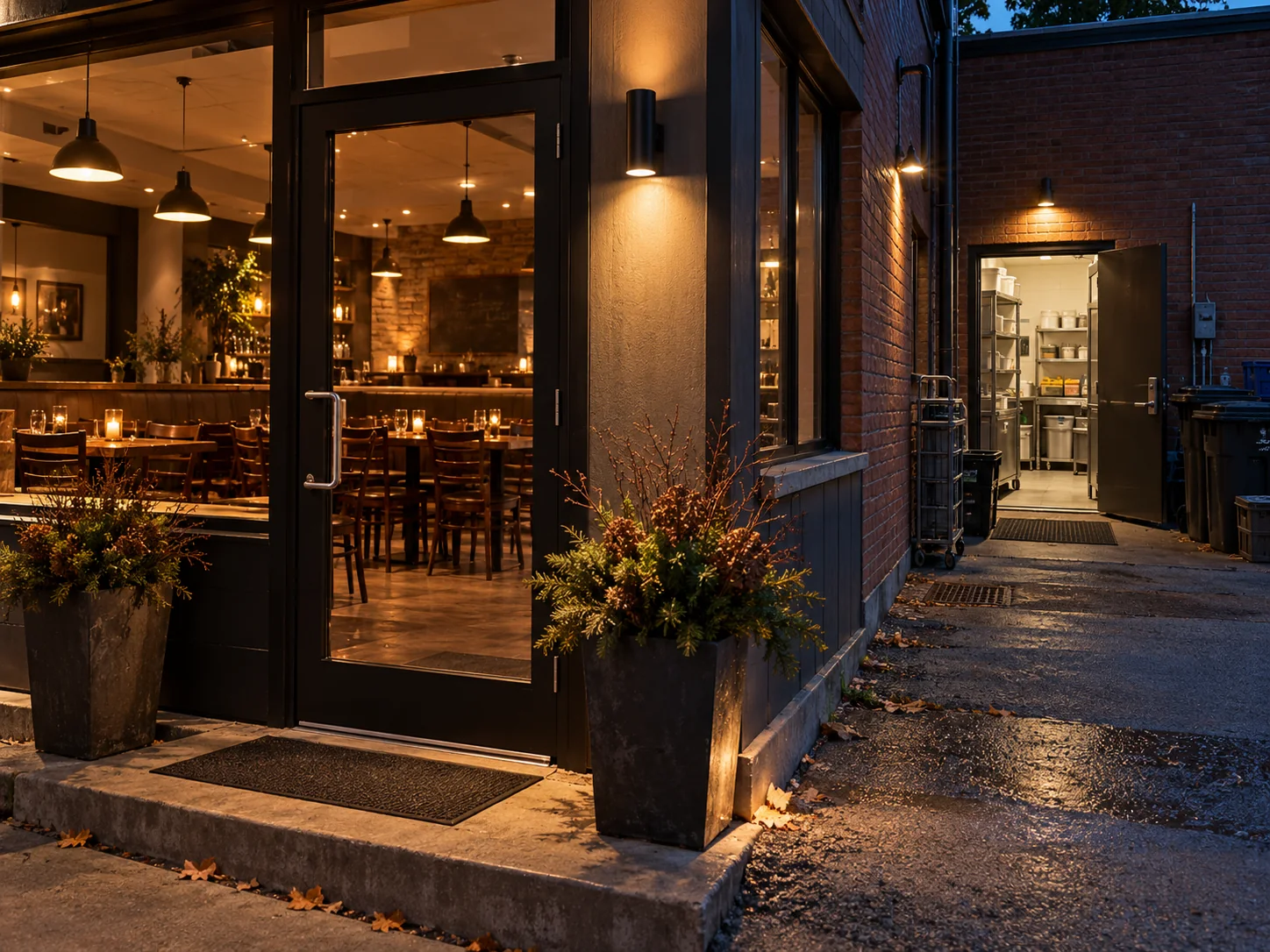 Restaurant avec accès client et porte de livraison, illustration